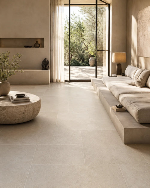126G001 soft beige stone-look porcelain tile in sunlit living room