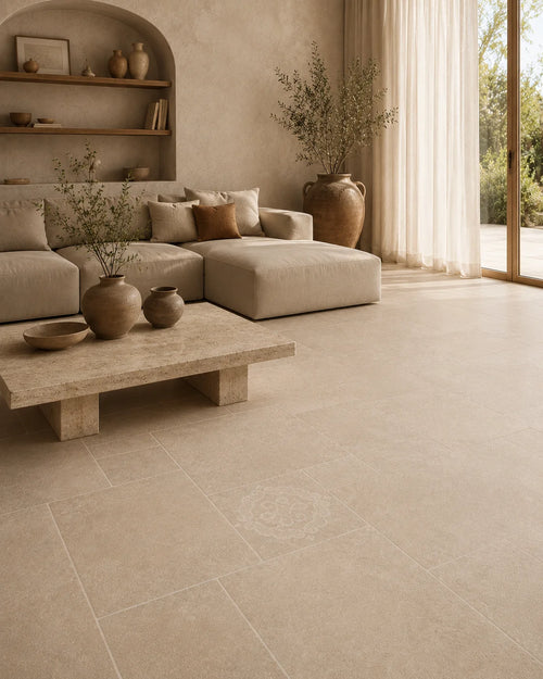 126G002 warm beige decorative stone-look porcelain tile in sunlit living room